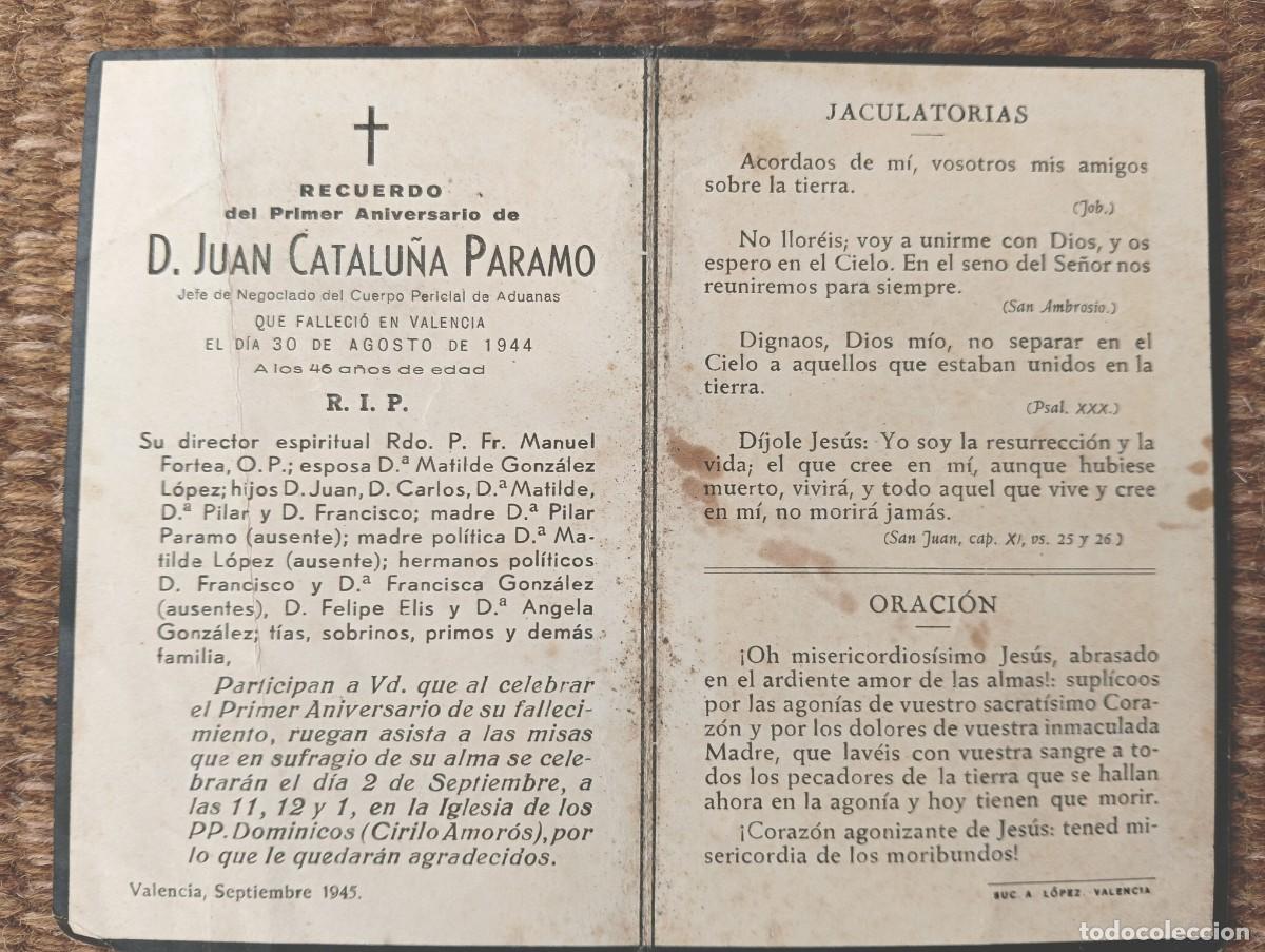 Postales: VALENCIA - IN MEMORIAN JEFE CUERPO PERICIAL DE ADUANAS FALLECIDO EN 1944 - ESQUELA