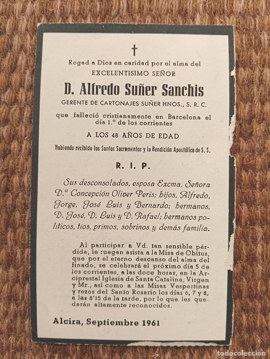 Postales: BARCELONA - IN MEMORIAN GERENTE CARTONAJES SU&Ntilde;ER DE ALCIRA FALLECIDO EN 1961 - ESQUELA