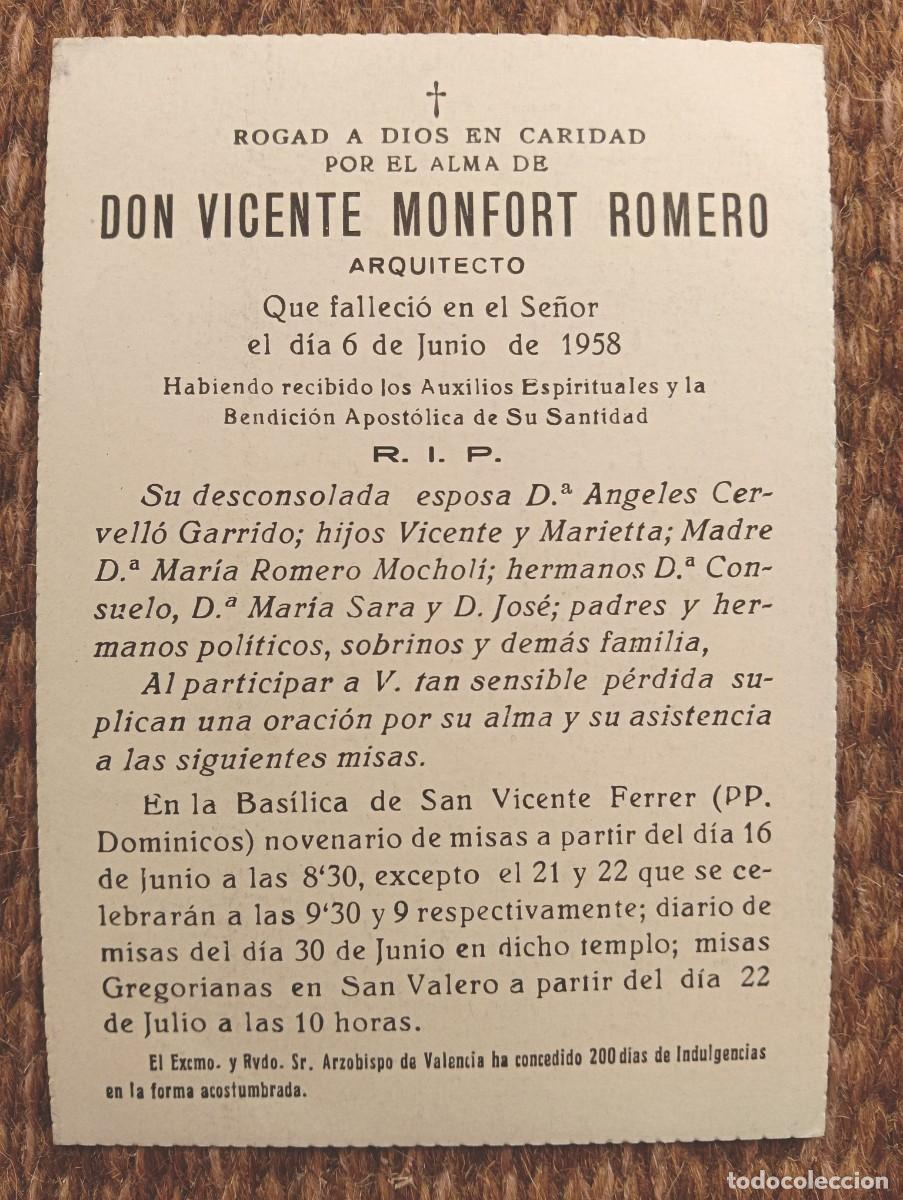 Postales: VALENCIA - IN MEMORIAN ARQUITECTO FALLECIDO EN 1958 - ESQUELA