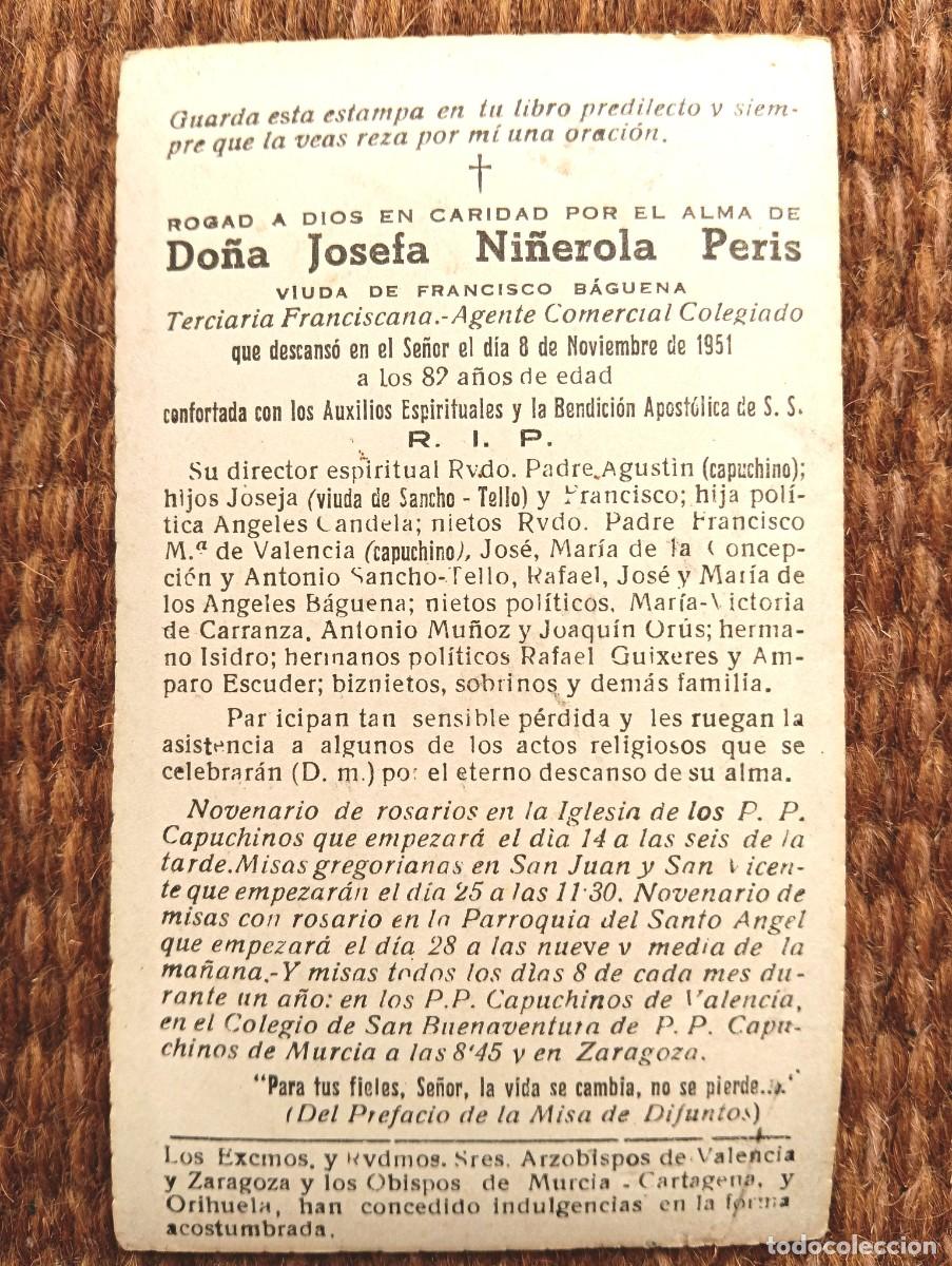 Postales: VALENCIA - IN MEMORIAN TERCIARIA FRANCISC NTRA. SRA. DE LOS DESAMPARADOS FALLECIDA EN 1951 - ESQUELA