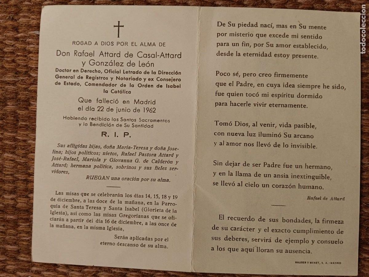 Postales: MADRID - IN MEMORIAN DOCTOR EN DERECHO, NOTARIO Y EX CONSEJERO ESTADO FALLECIDO EN 1962 - ESQUELA