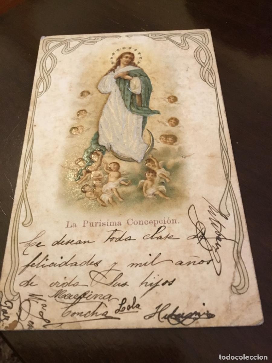 Postales: Antigua Estampa Religiosa o Tarjeta Postal con relieves. La Purisima Concepcion. Traje de Seda. 1916
