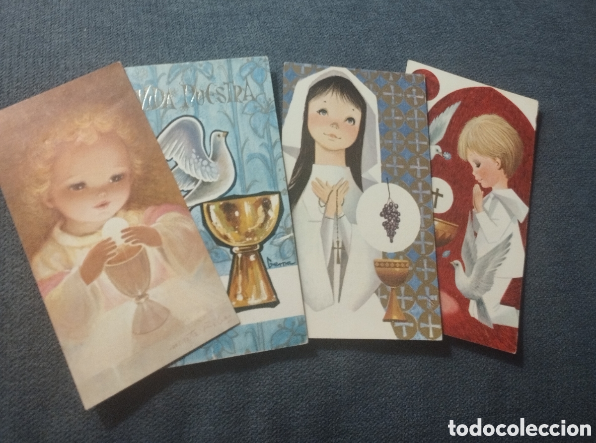 Postales: Lote de 4 recordatorios de Comuni&oacute;n de los a&ntilde;os70