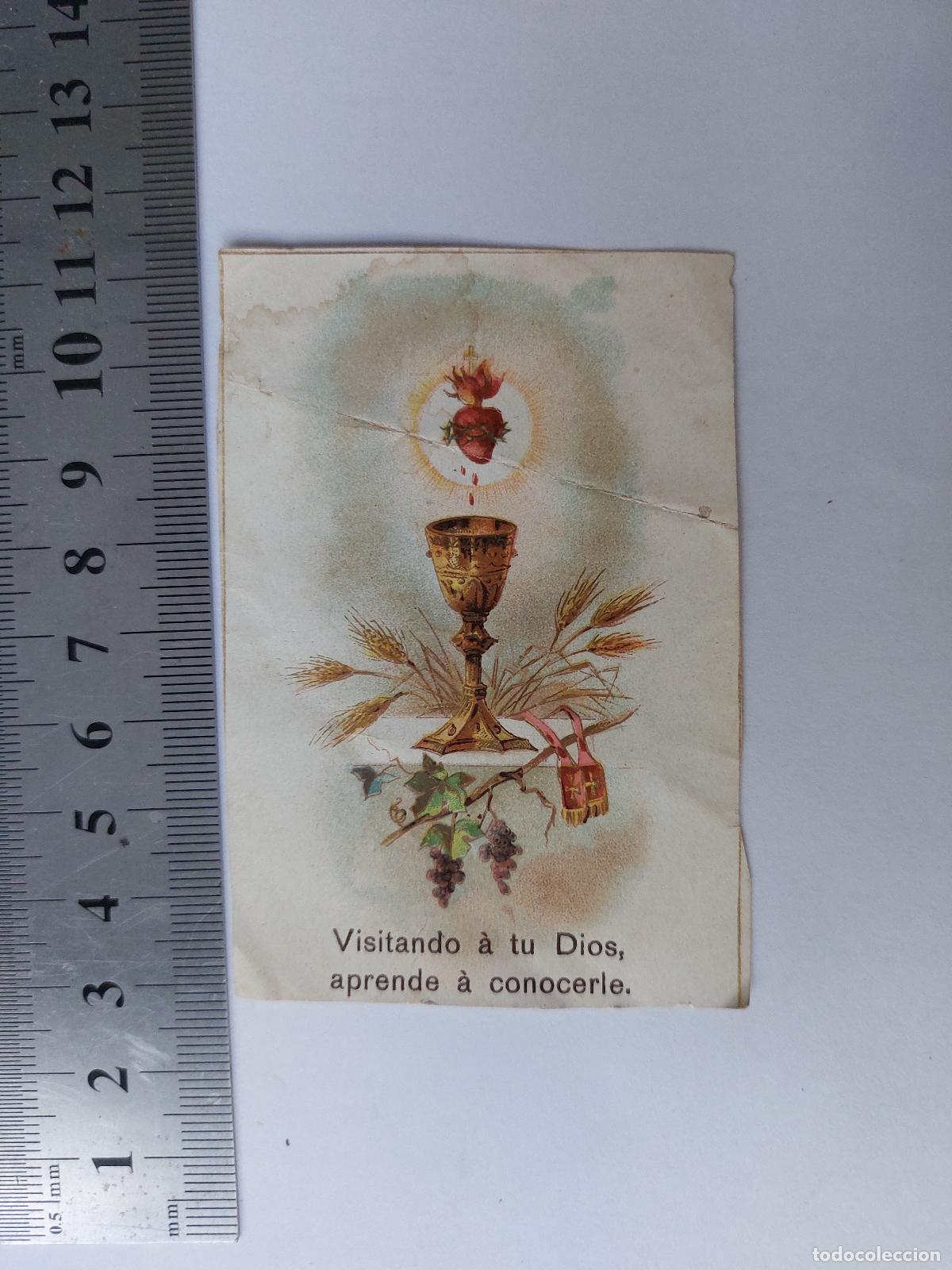 Postales: Estampa religiosa con imagen de Sagrado Coraz&oacute;n y C&aacute;liz
