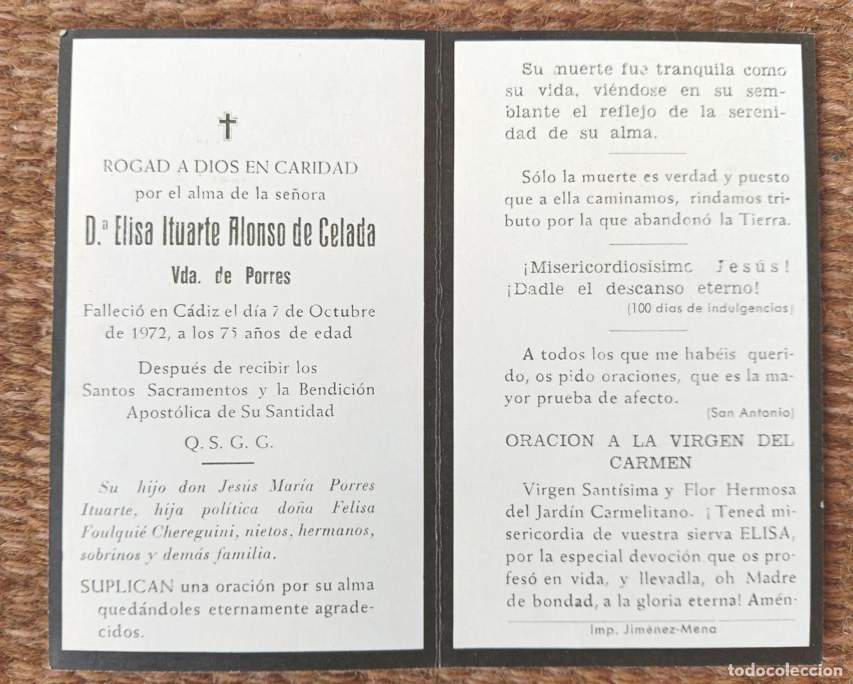 Postales: CADIZ - ESQUELA - IN MEMORIAN DE SE&Ntilde;ORA FALLECIDA EN 1972