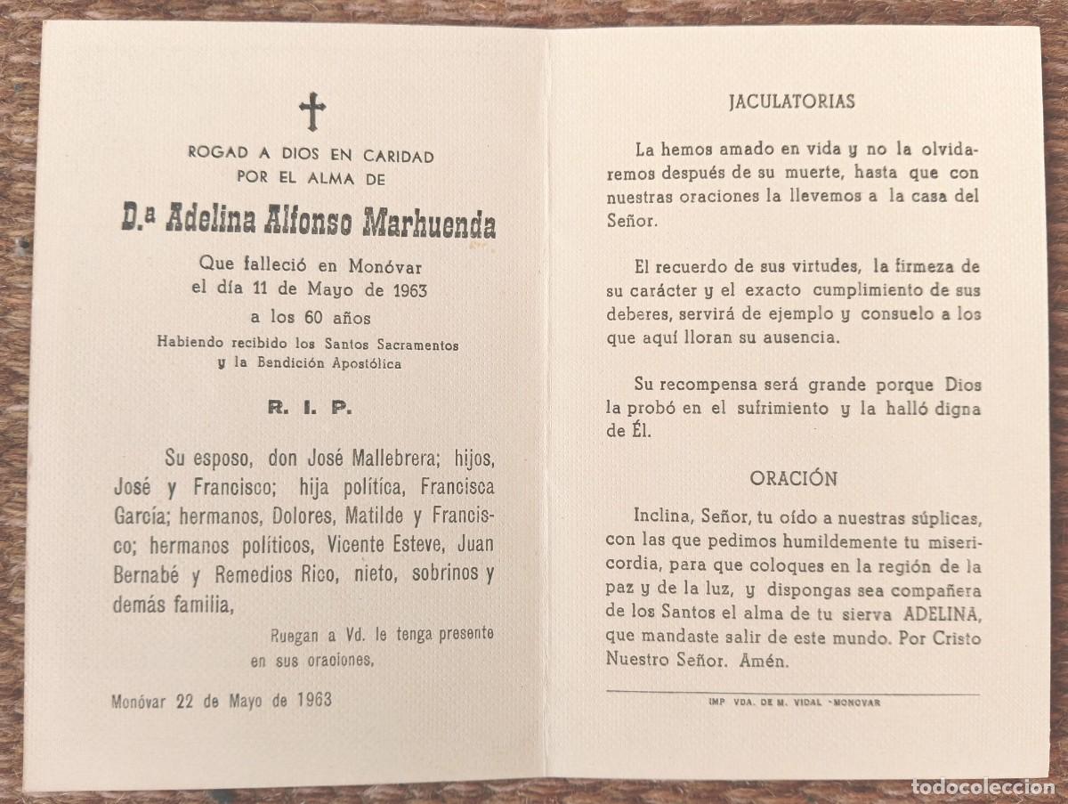 Postales: MONOVAR - ESQUELA - IN MEMORIAN DE SE&Ntilde;ORA FALLECIDA EN 1963