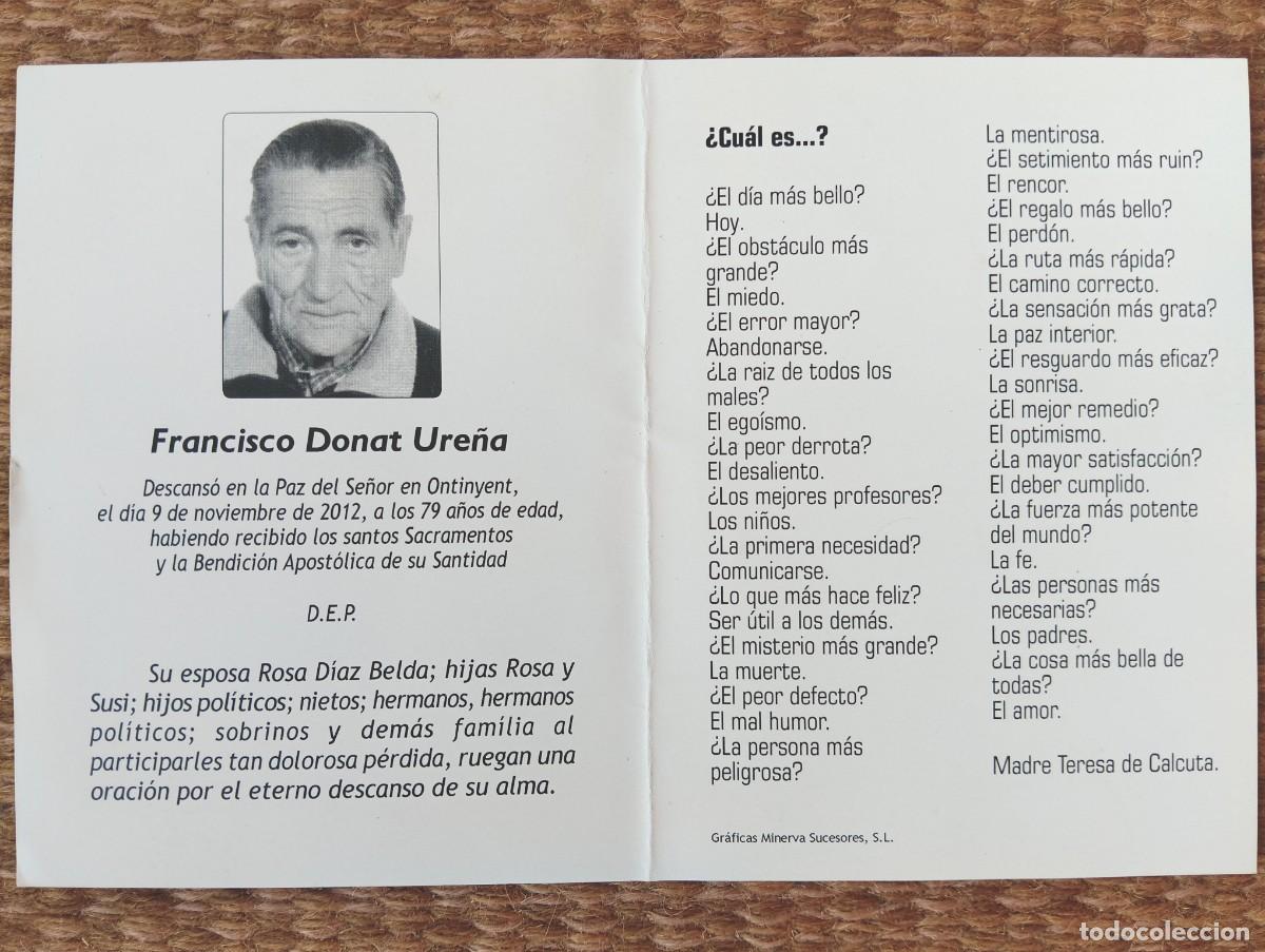 Postales: ONTINYENT - ESQUELA - IN MEMORIAN DE SE&Ntilde;OR FALLECIDO EN 2012