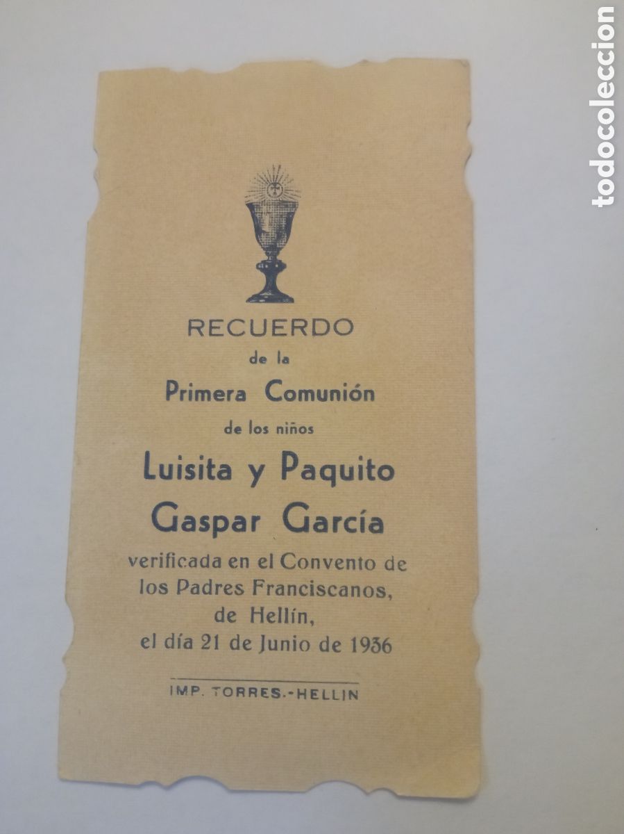 Postales: Antiguo recordatorio de Primera Comuni&oacute;n de 1936,Hellin - Foto 2