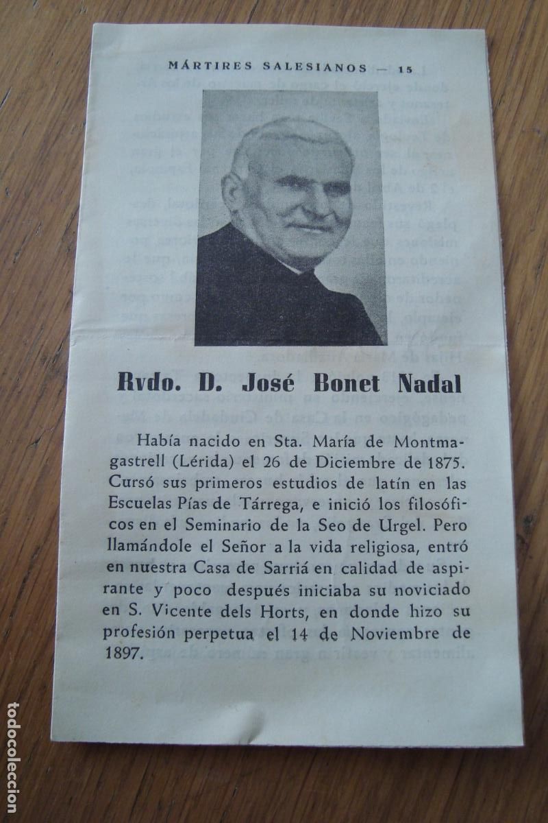 Postales: ANTIGUA ESTAMPA MARTIRES SALESIANOS. JOSE BONET NADAL. ASESINADO GUERRA CIVIL. MORROT BARCELONA