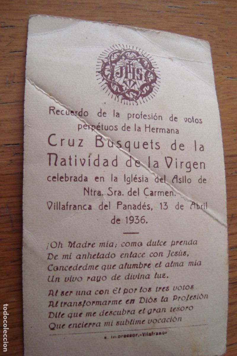 Postales: RECUERDO TOMA DE VOTOS HERMANA CRUZ BUSQUET DE LA NATIVIDAD. IGLESIA ASILO VILAFRANCA PANADES 1936