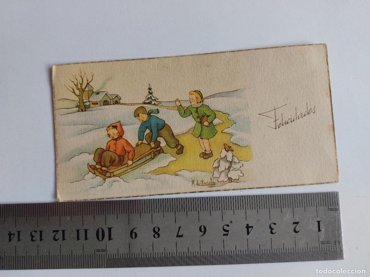 Postales: Estampa de Navidad con ni&ntilde;os jugando en la nieve ilustraci&oacute;n M. de Olarieta