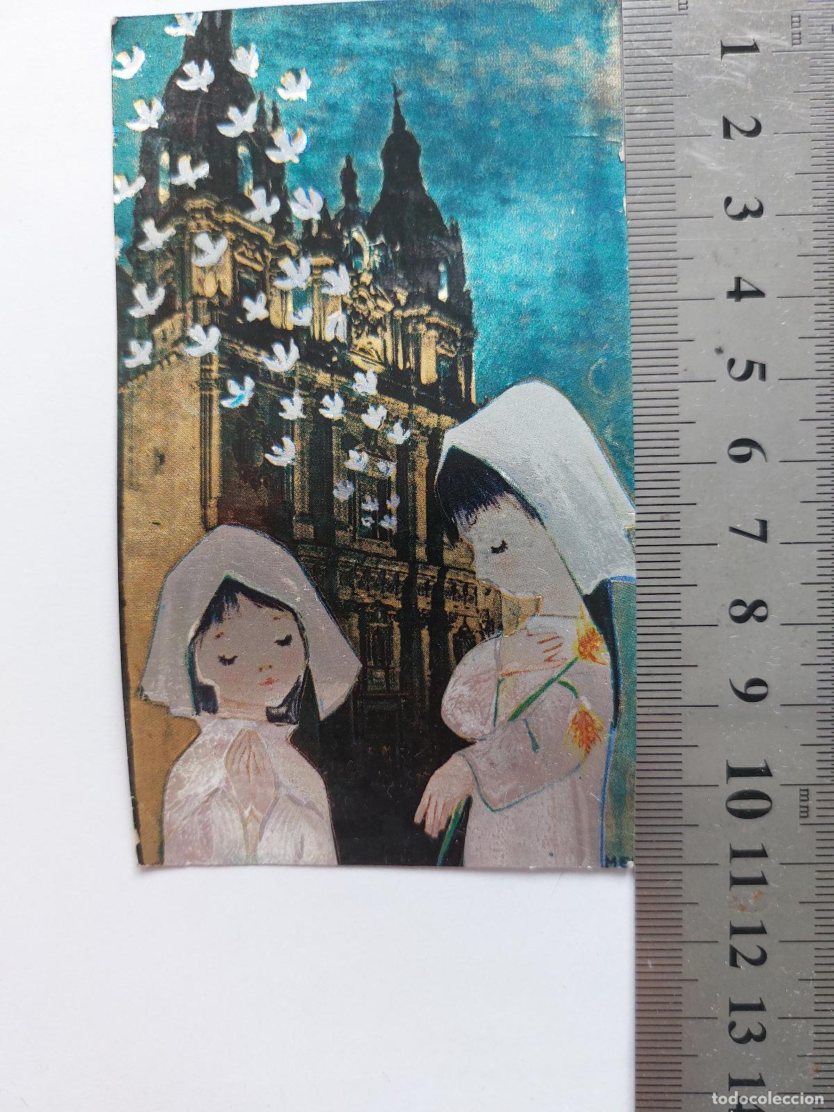 Postales: Estampa ilustrada de la Catedral de Santiago de Compostela con figuras religiosas