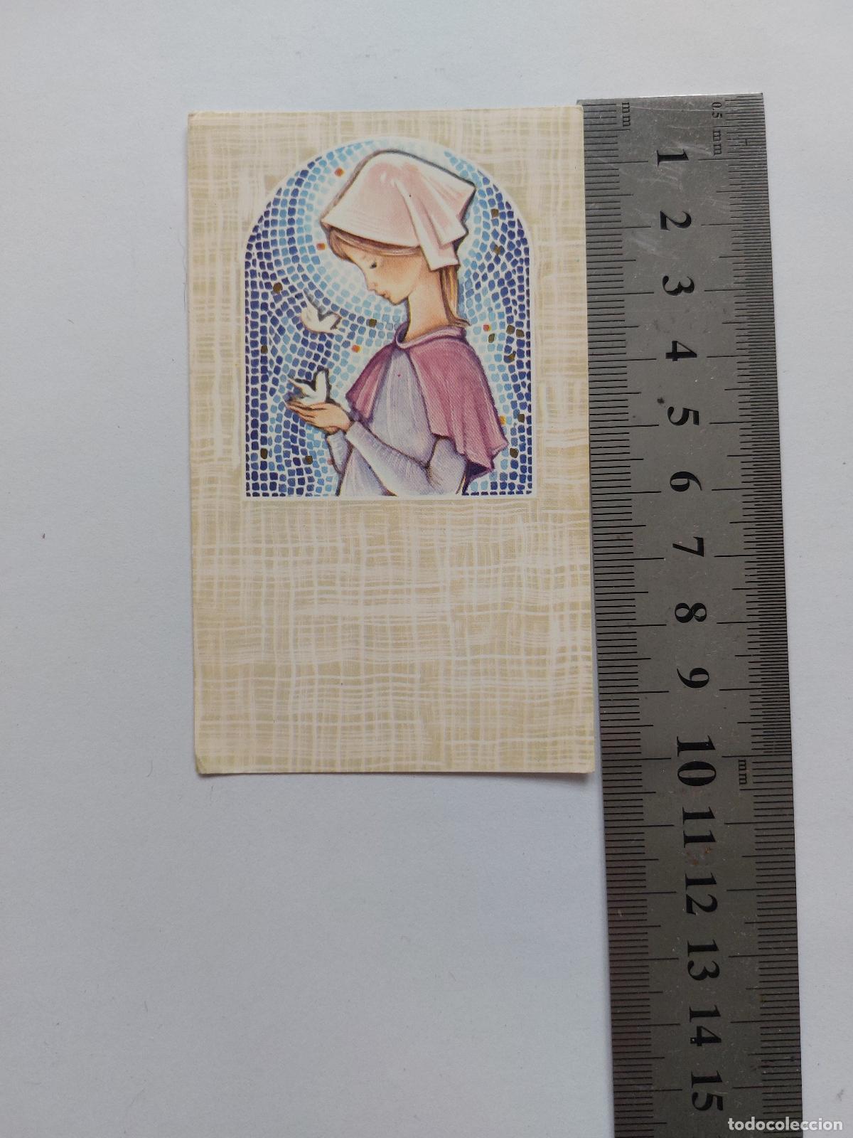 Postales: Estampa ilustrada de ni&ntilde;a con palomas en marco de mosaico