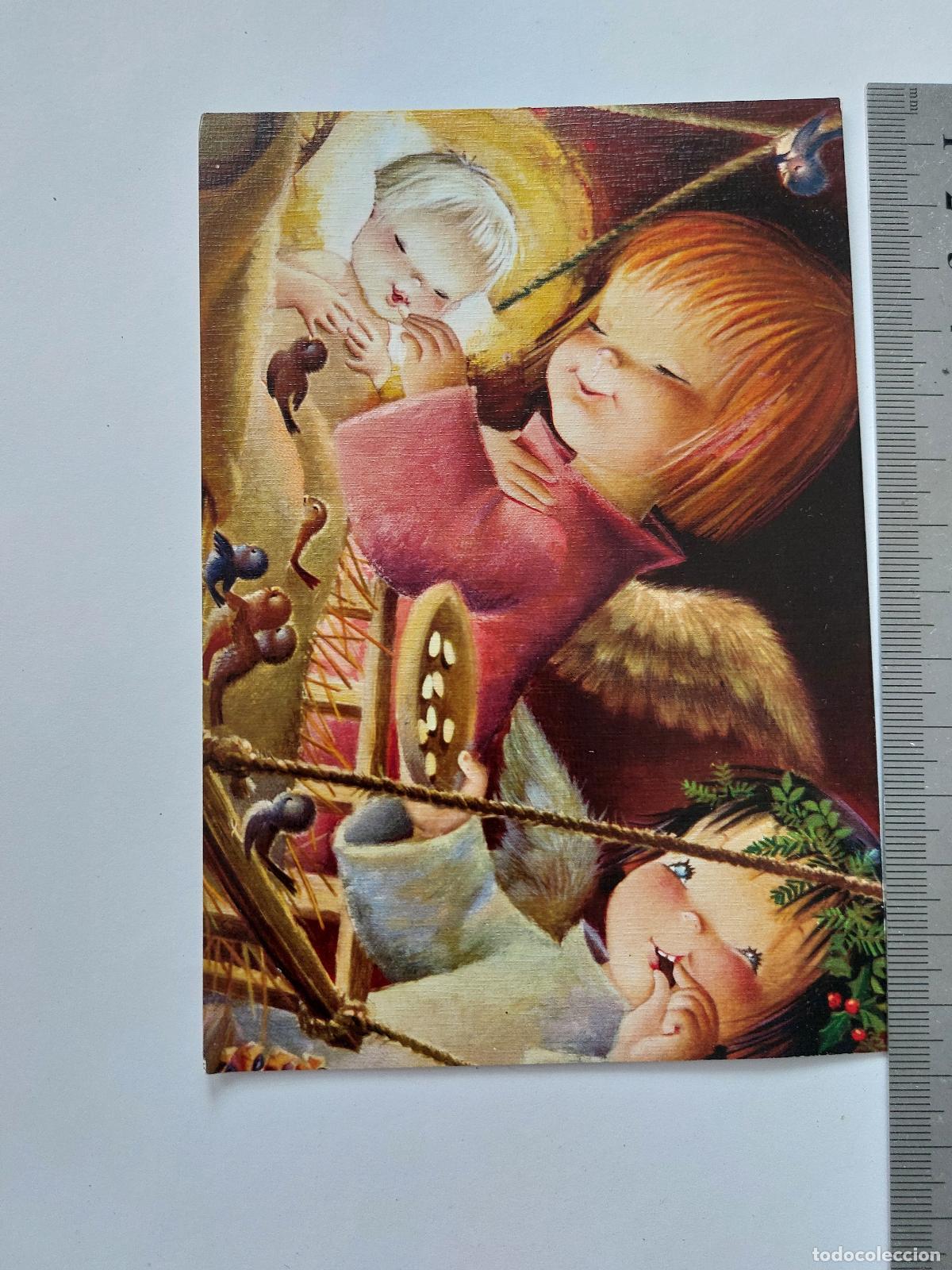 Postales: Estampa ilustrada con querubines y &aacute;ngeles en escena celestial