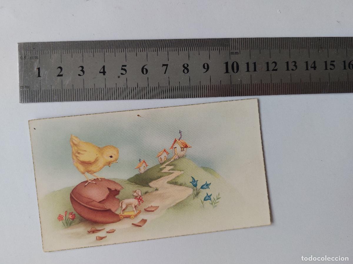 Postales: Estampa ilustrada con pollito de pascua y paisaje