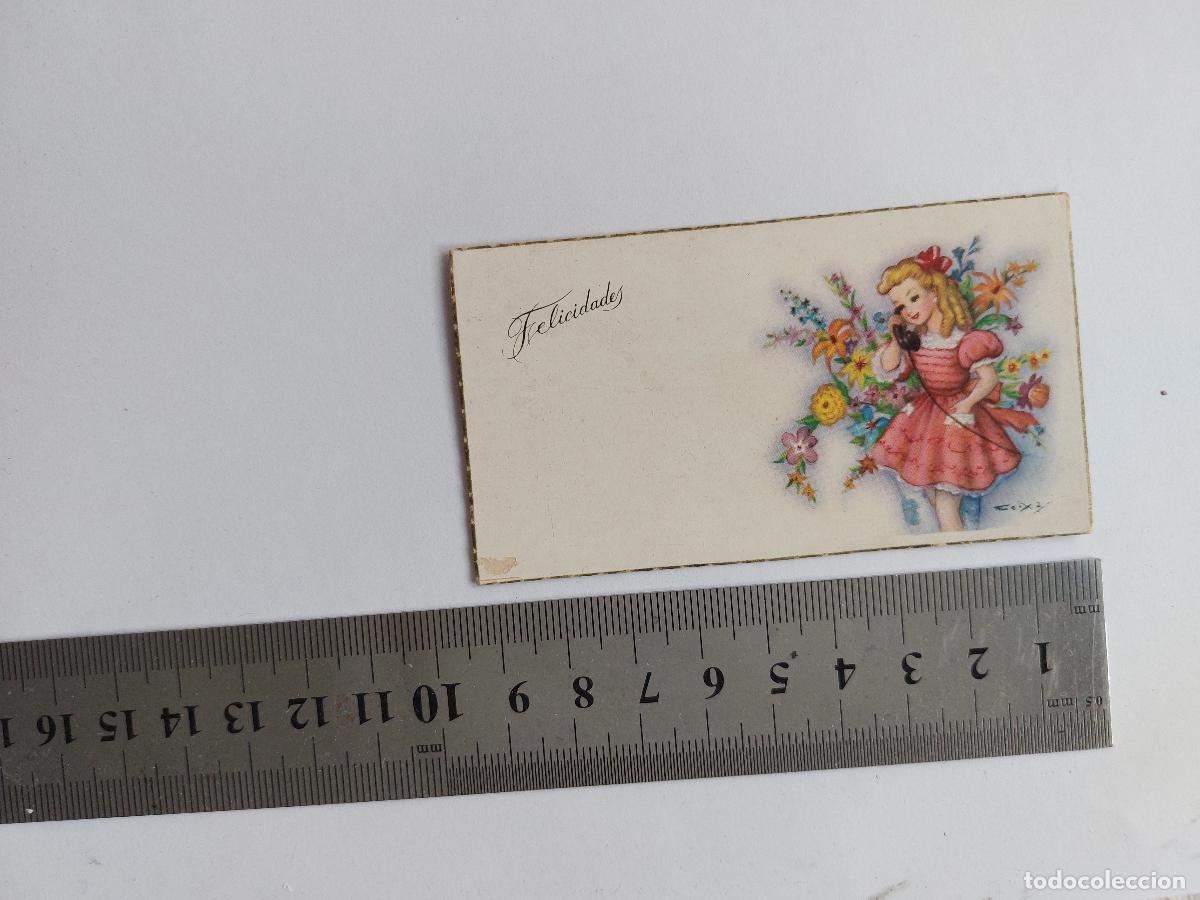 Postales: Estampa de felicitaci&oacute;n con ilustraci&oacute;n de ni&ntilde;a y flores