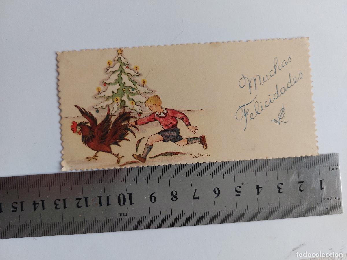 Postales: Estampa ilustrada de Navidad con ni&ntilde;o y gallo