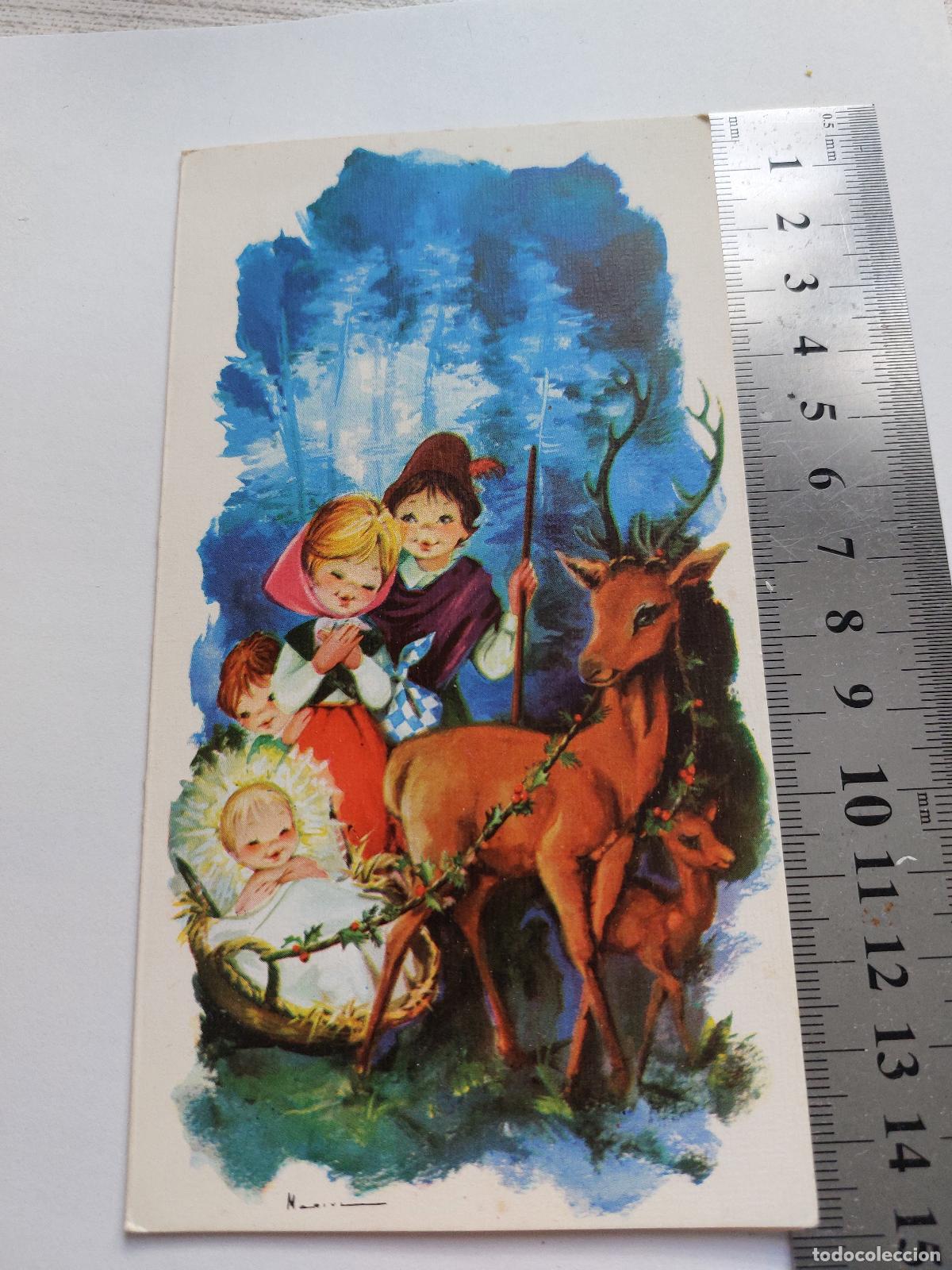 Cartoline: Estampa de Navidad con ni&ntilde;os y ciervos en el bosque