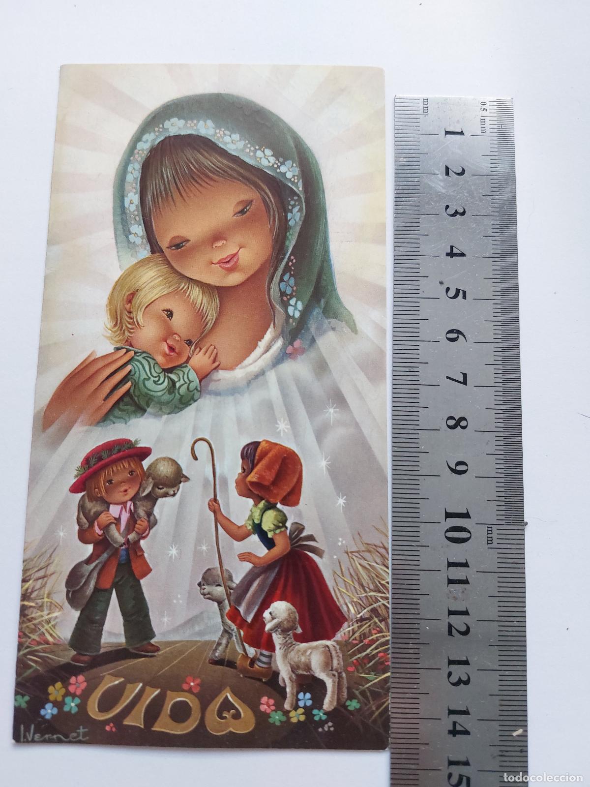 Postales: Estampa ilustrada de la Virgen Maria con ni&ntilde;os estilo religioso