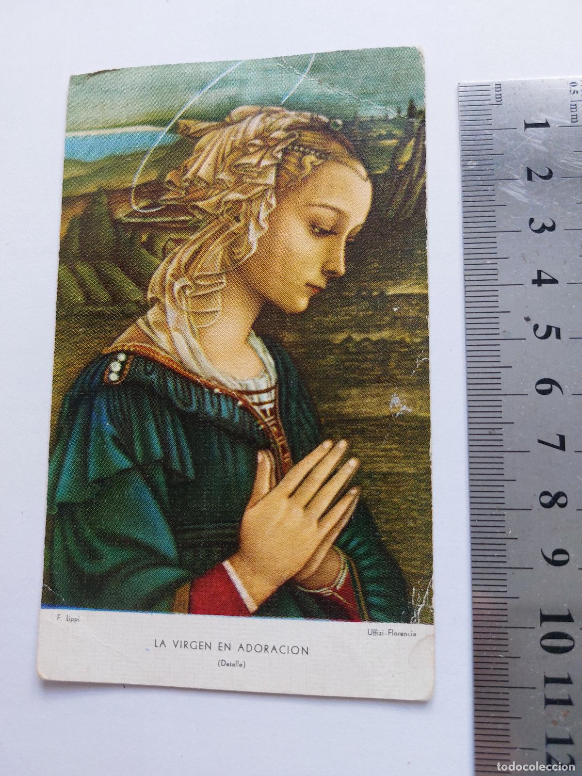 Postales: Estampa conmemorativa de Primera Comuni&oacute;n, arte de La Virgen en Adoraci&oacute;n