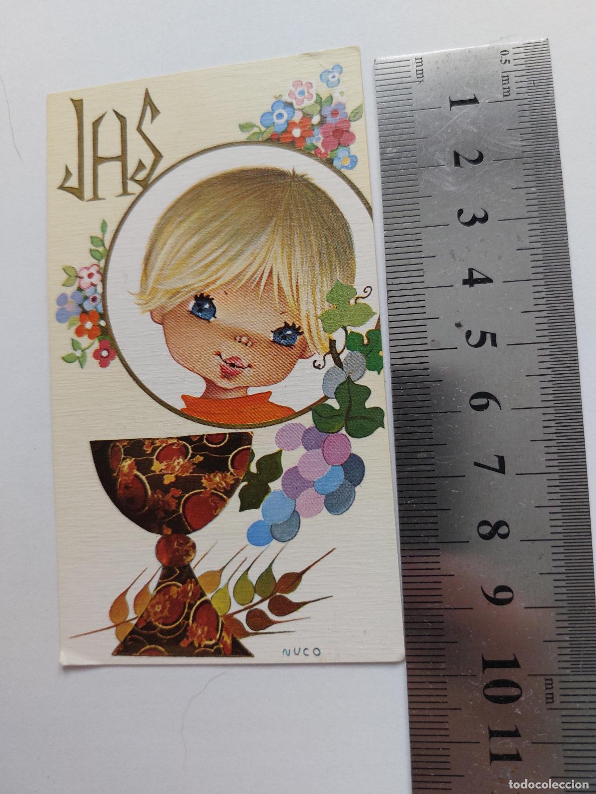 Postales: Estampa de recordatorio de Primera Comuni&oacute;n con ilustraci&oacute;n de c&aacute;liz