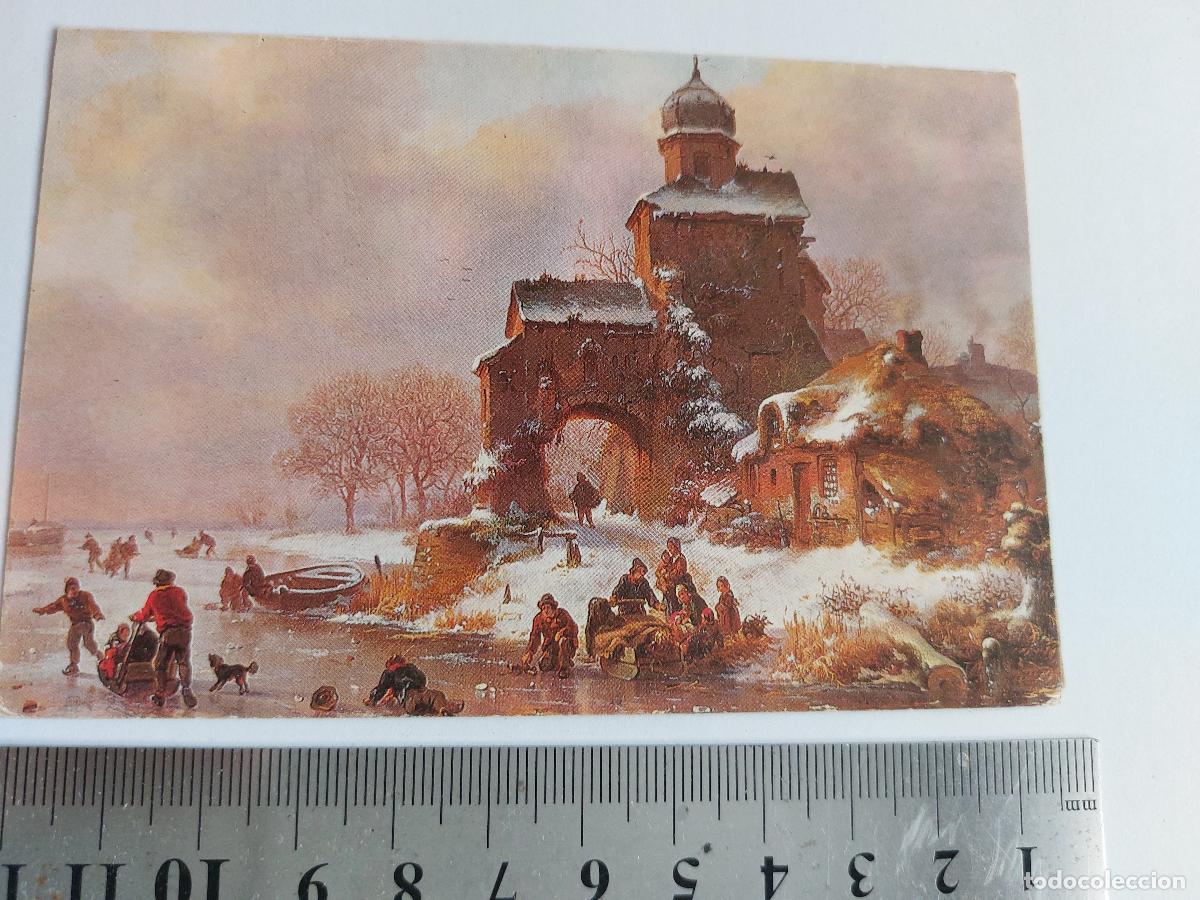 Postales: Estampa con pintura de Frederik Marinus Kruseman, Esquiadores sobre un r&iacute;o helado