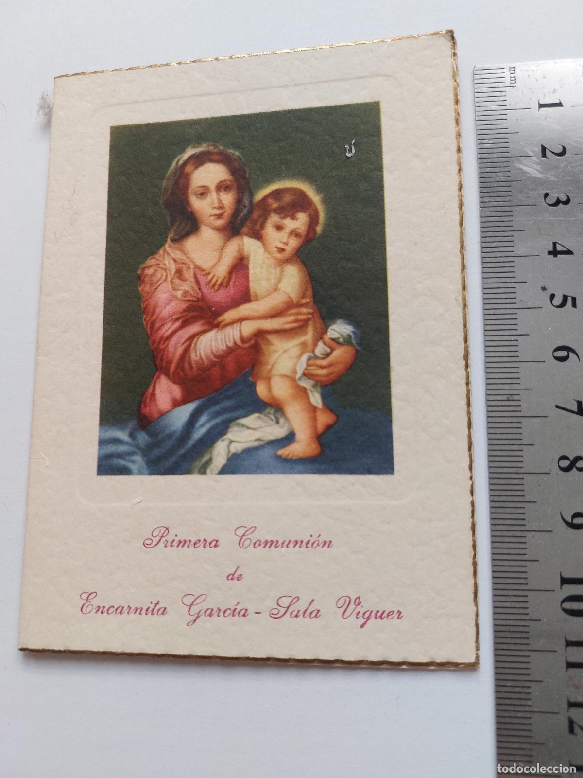 Postales: Estampa de recuerdo de Primera Comuni&oacute;n con imagen de Virgen y c&aacute;liz