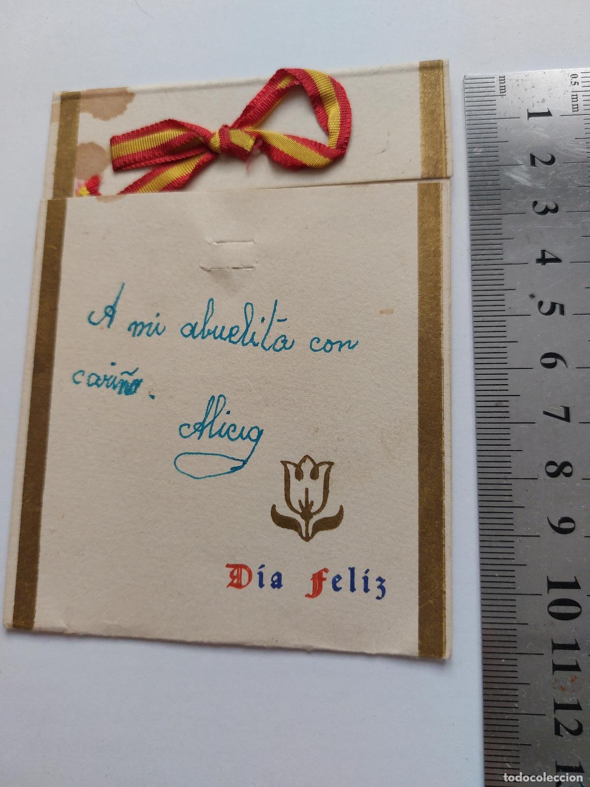 Postales: Estampa de recuerdo de Primera Comuni&oacute;n con men&uacute; y lazo con bandera de Espa&ntilde;a