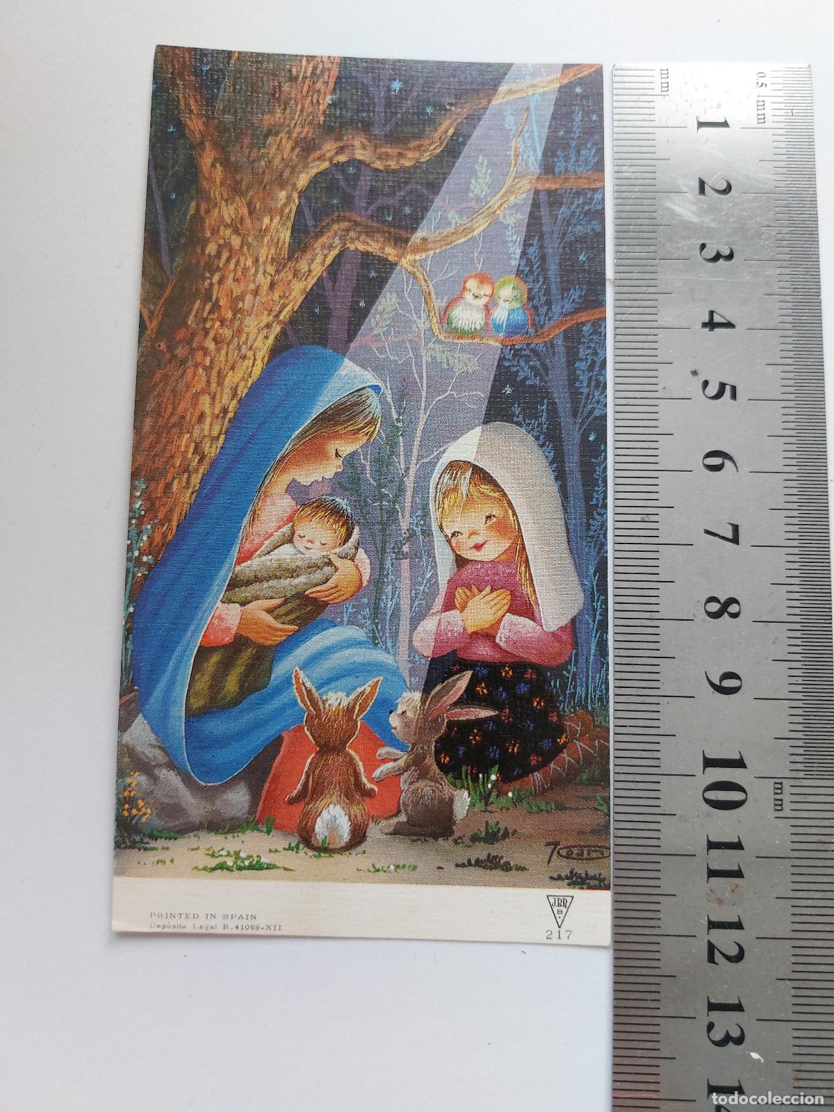 Postales: Estampa de Navidad con ilustraci&oacute;n de nacimiento y figuras religiosas