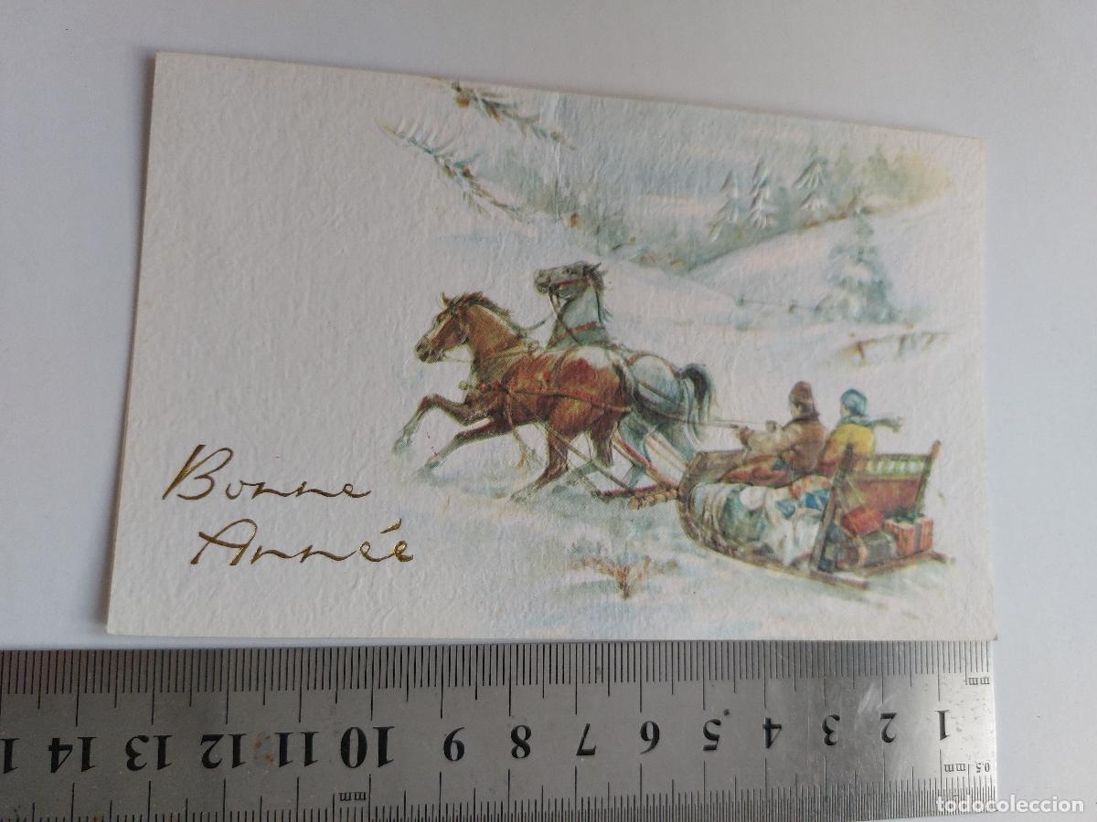 Postales: Estampa de felicitaci&oacute;n de A&ntilde;o Nuevo con trineo tirado por caballos