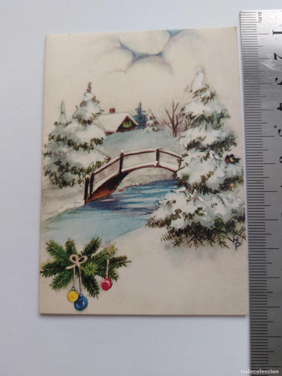 Postales: Estampa de Navidad con paisaje invernal y puente nevado