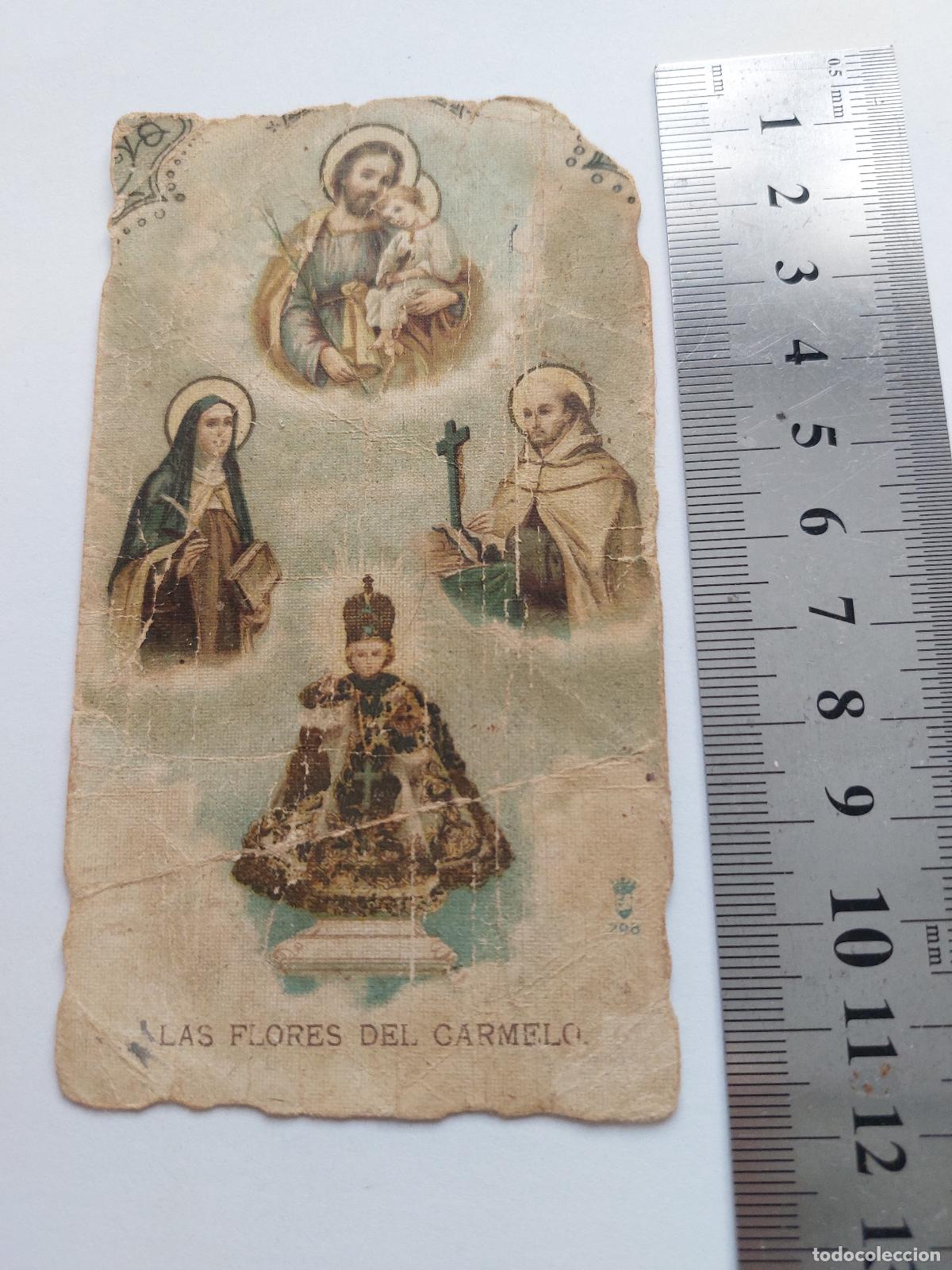 Postales: Estampa religiosa con im&aacute;genes de Santos y las Flores del Carmelo