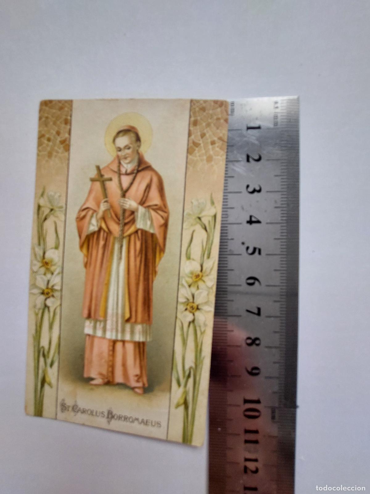 Postales: Estampa de San Carlos Borromeo con dedicatoria manuscrita