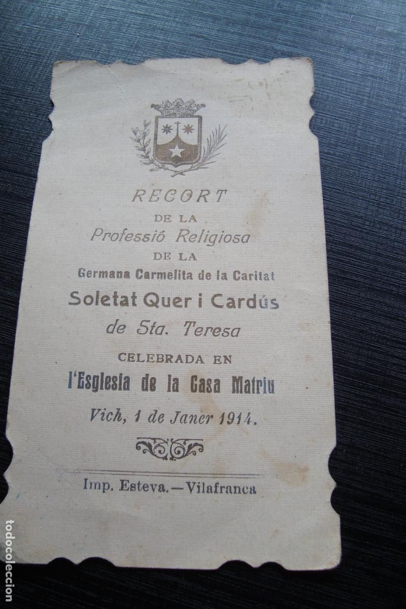 Postales: RECUERDO PROFESION RELIGIOSA. SOLETAT QUER I CARDUS. CARMELITA. VICH 1914