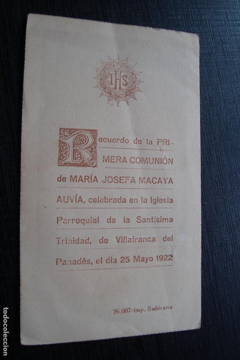 Postales: RECUERDO PRIMERA COMUNION. MARIA JOSEFA MACAYA AUV&Iacute;A. VILLAFRANCA PANADES 1922.