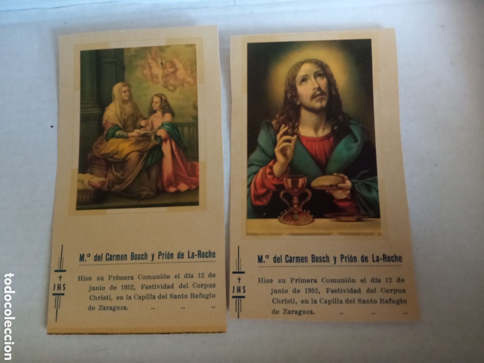 Postales: 2 Antiguos recordatorio de Primera Comuni&oacute;n, Capilla del Santo Refugio, Zaragoza de 1952