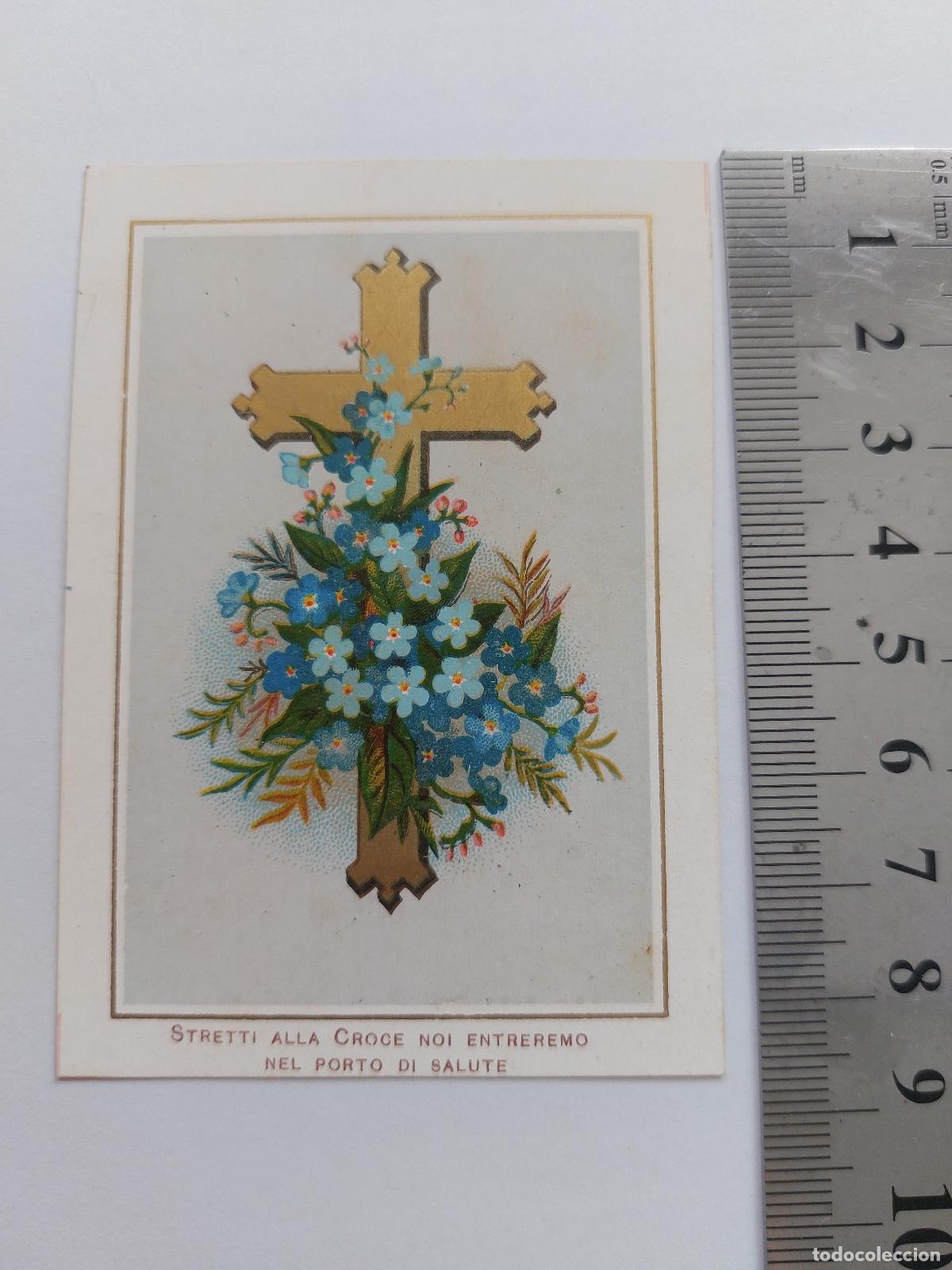 Postales: Estampa con ilustraci&oacute;n de cruz y flores con frase religiosa