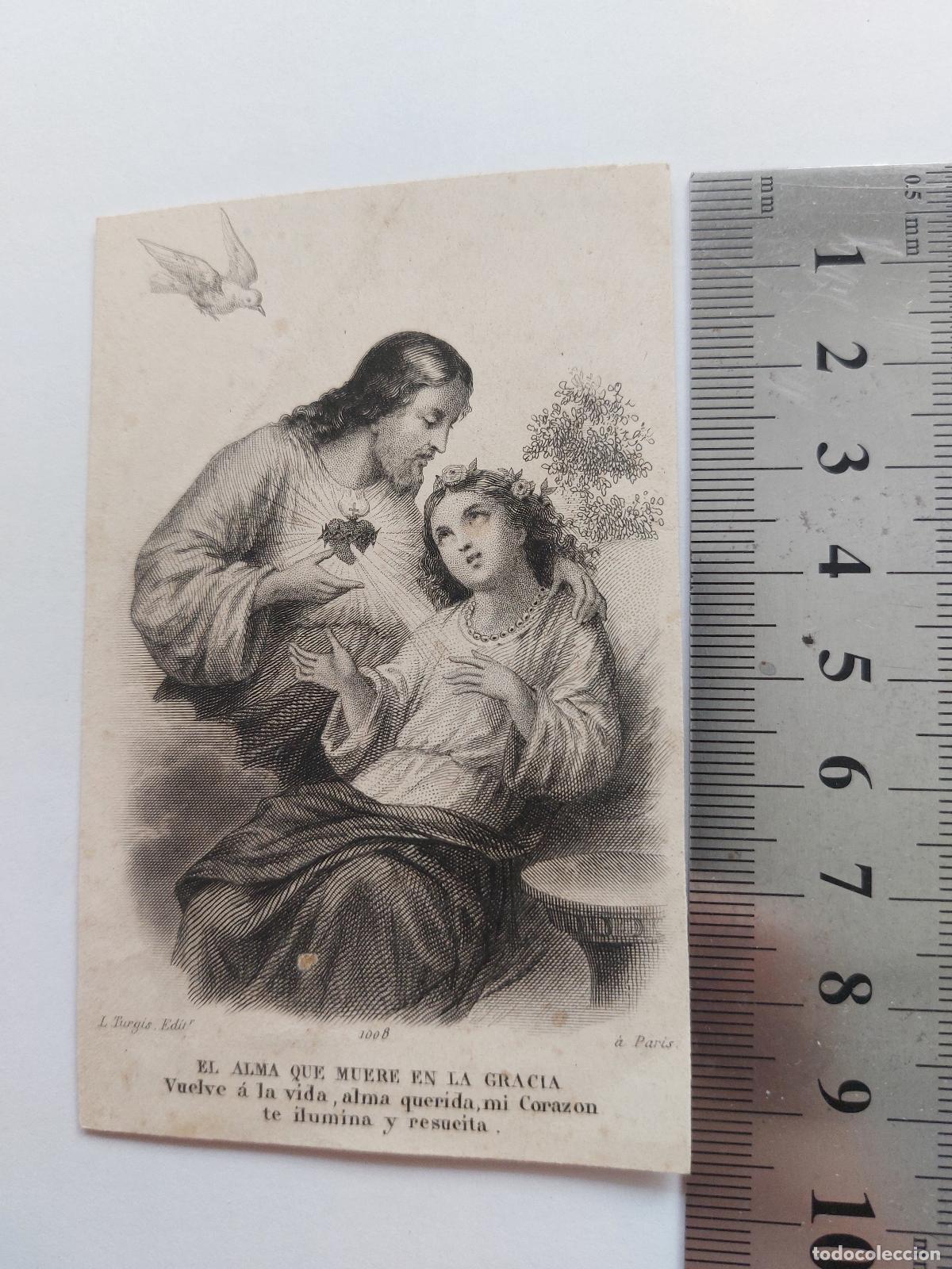 Cartoline: Estampa religiosa con imagen del Sagrado Coraz&oacute;n de Jes&uacute;s editada en Par&iacute;s
