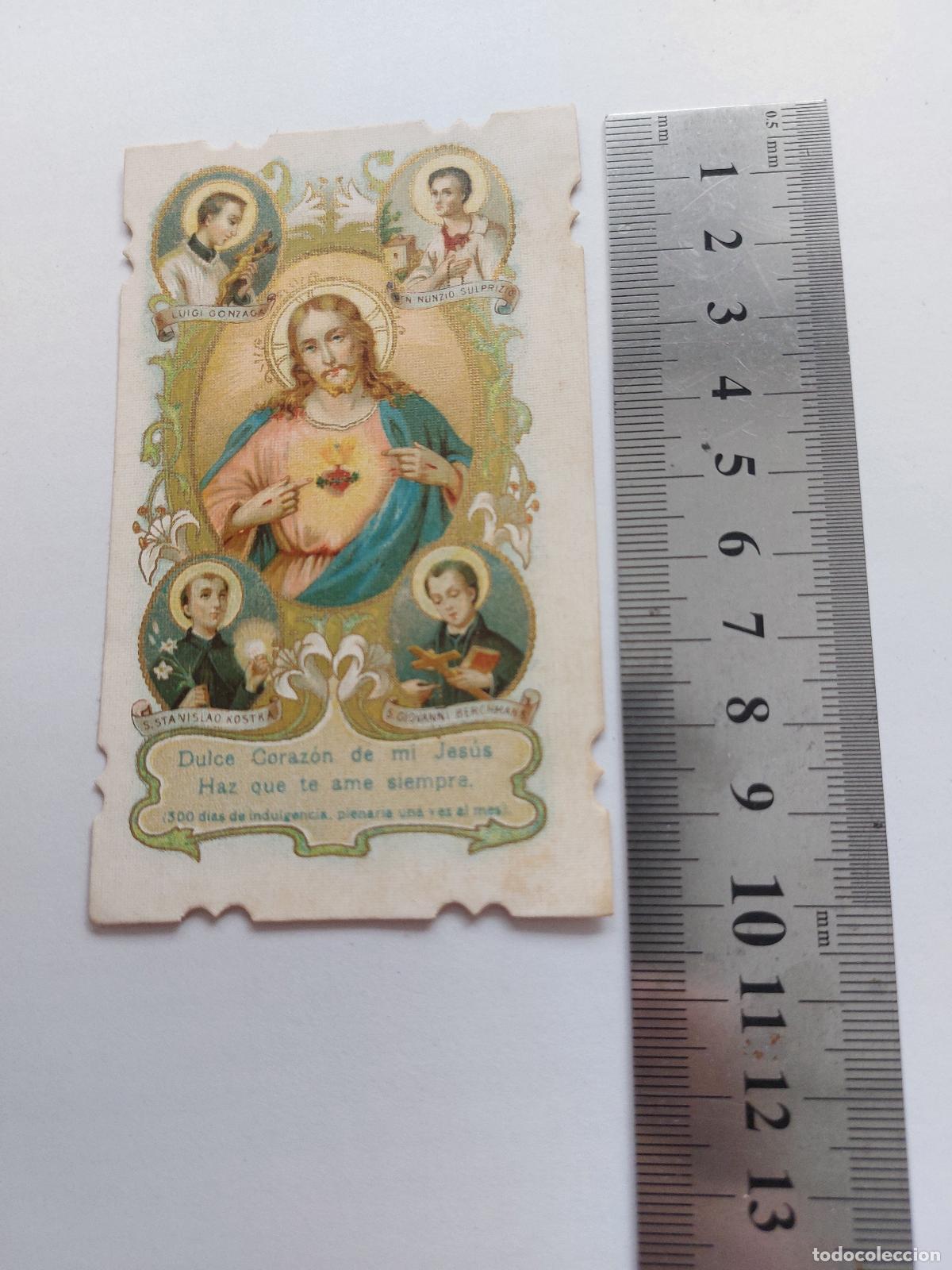 Postales: Estampa religiosa con el Sagrado Coraz&oacute;n de Jes&uacute;s y santos