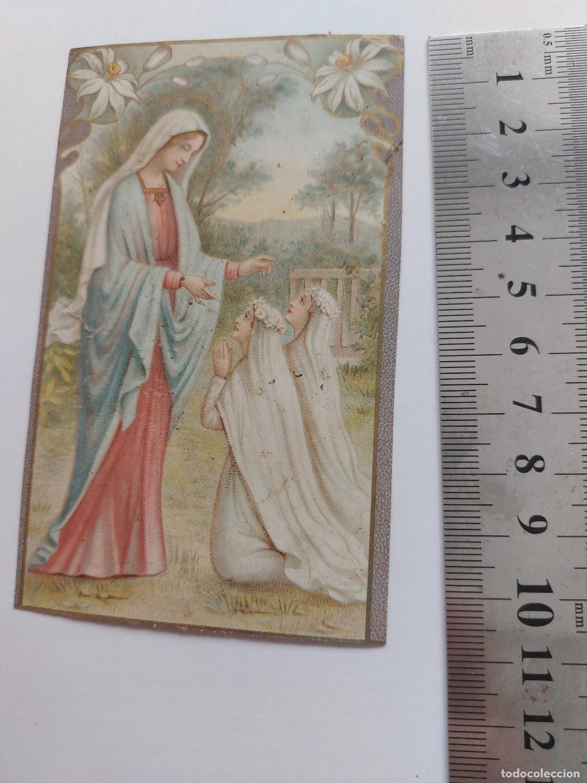 Postales: Estampa religiosa con imagen de la Virgen Mar&iacute;a y ni&ntilde;a en primera comuni&oacute;n