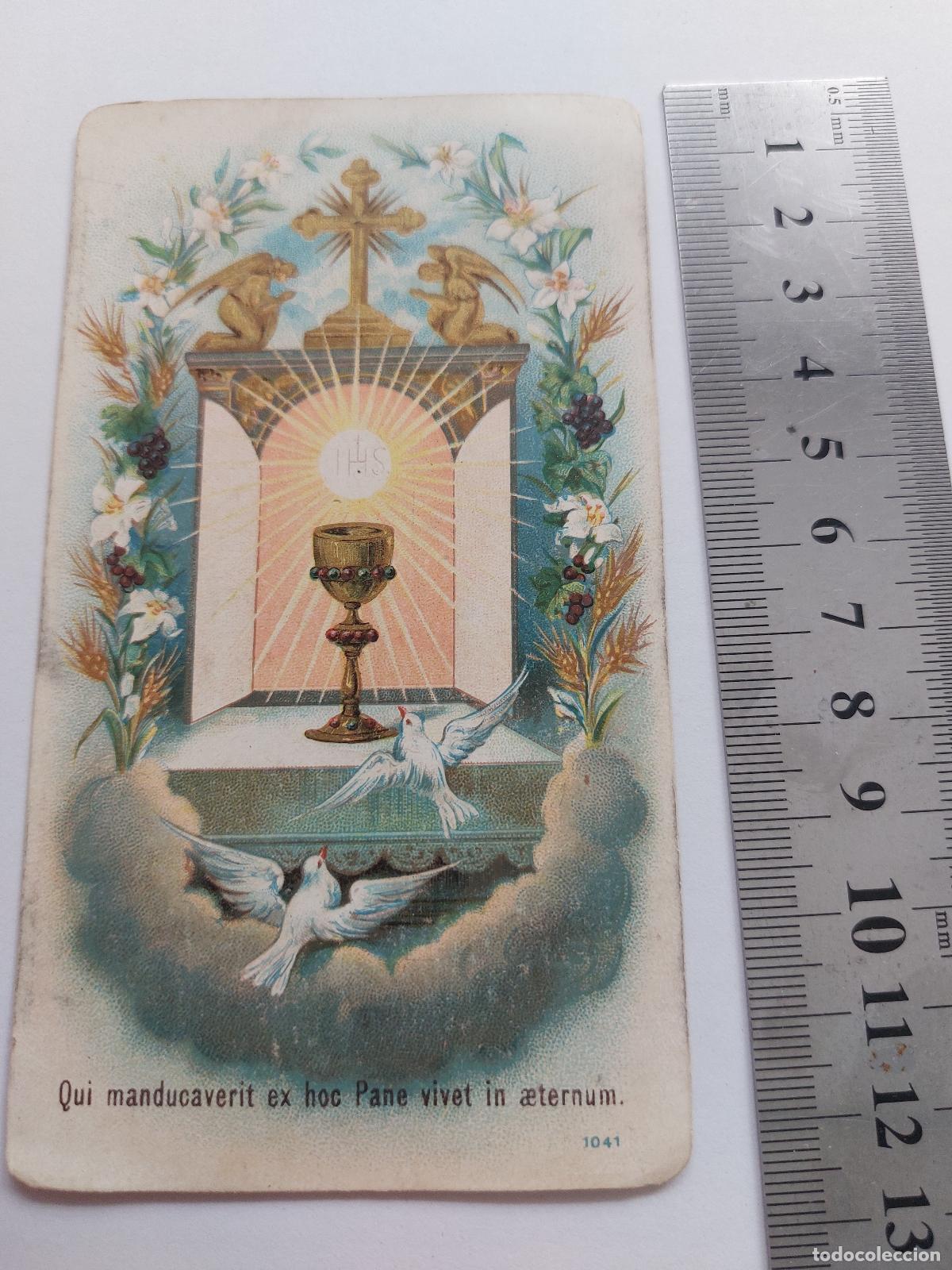 Postales: Estampa con ilustraci&oacute;n religiosa de la Eucarist&iacute;a, C&aacute;liz y Esp&iacute;ritu Santo