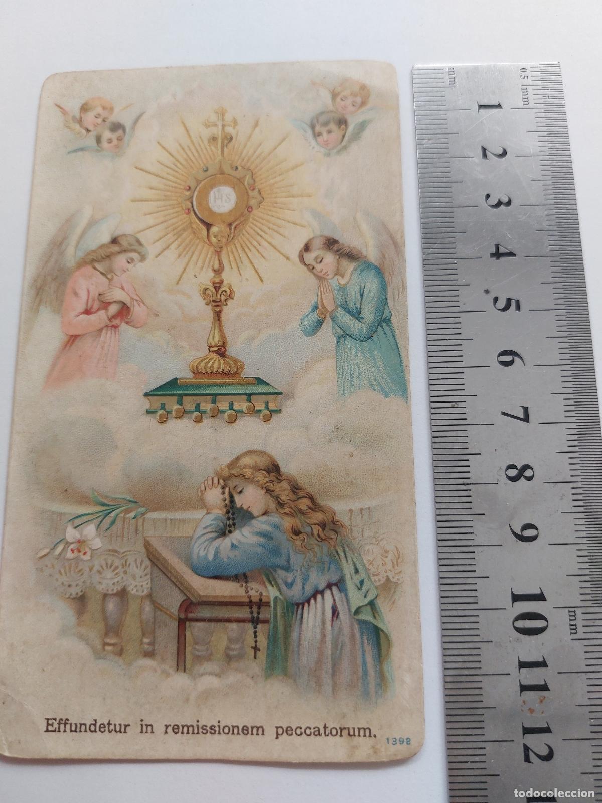 Postales: Estampa religiosa con representaci&oacute;n de la Eucarist&iacute;a y &aacute;ngeles