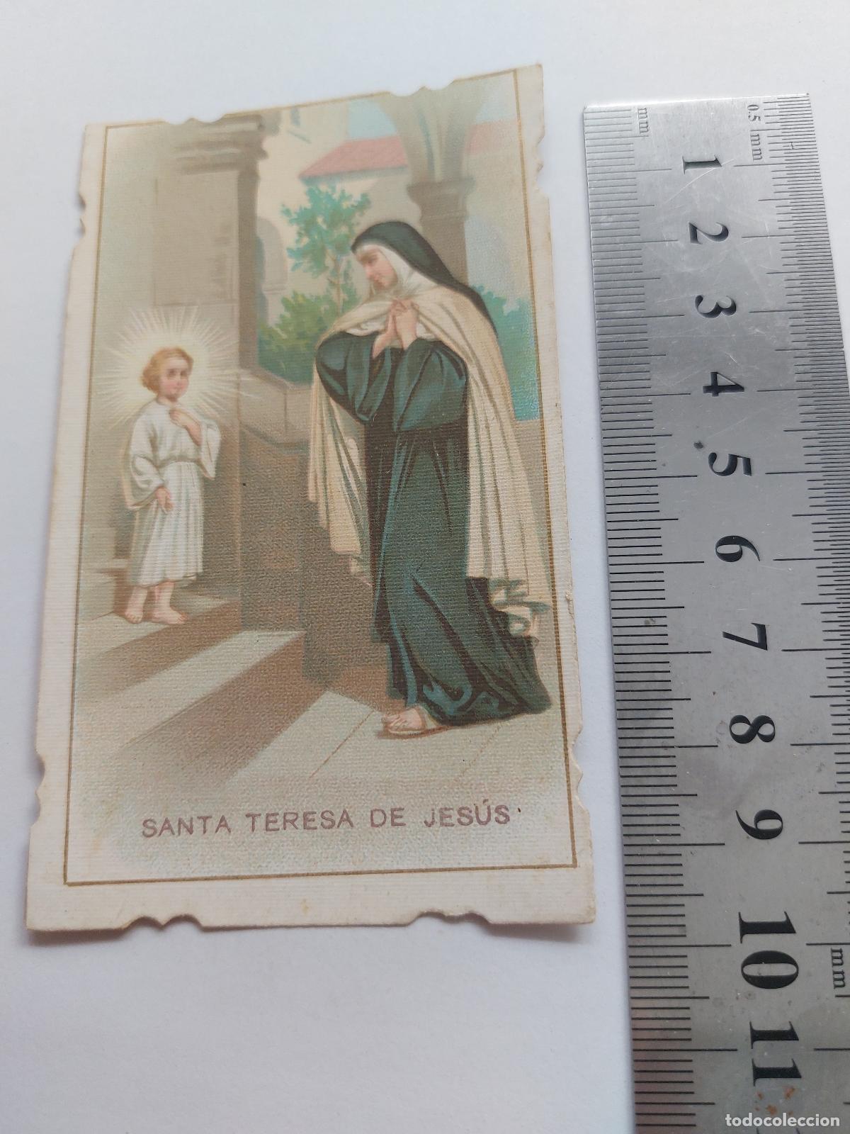 Postales: Estampa de Santa Teresa de Jes&uacute;s con iconograf&iacute;a religiosa