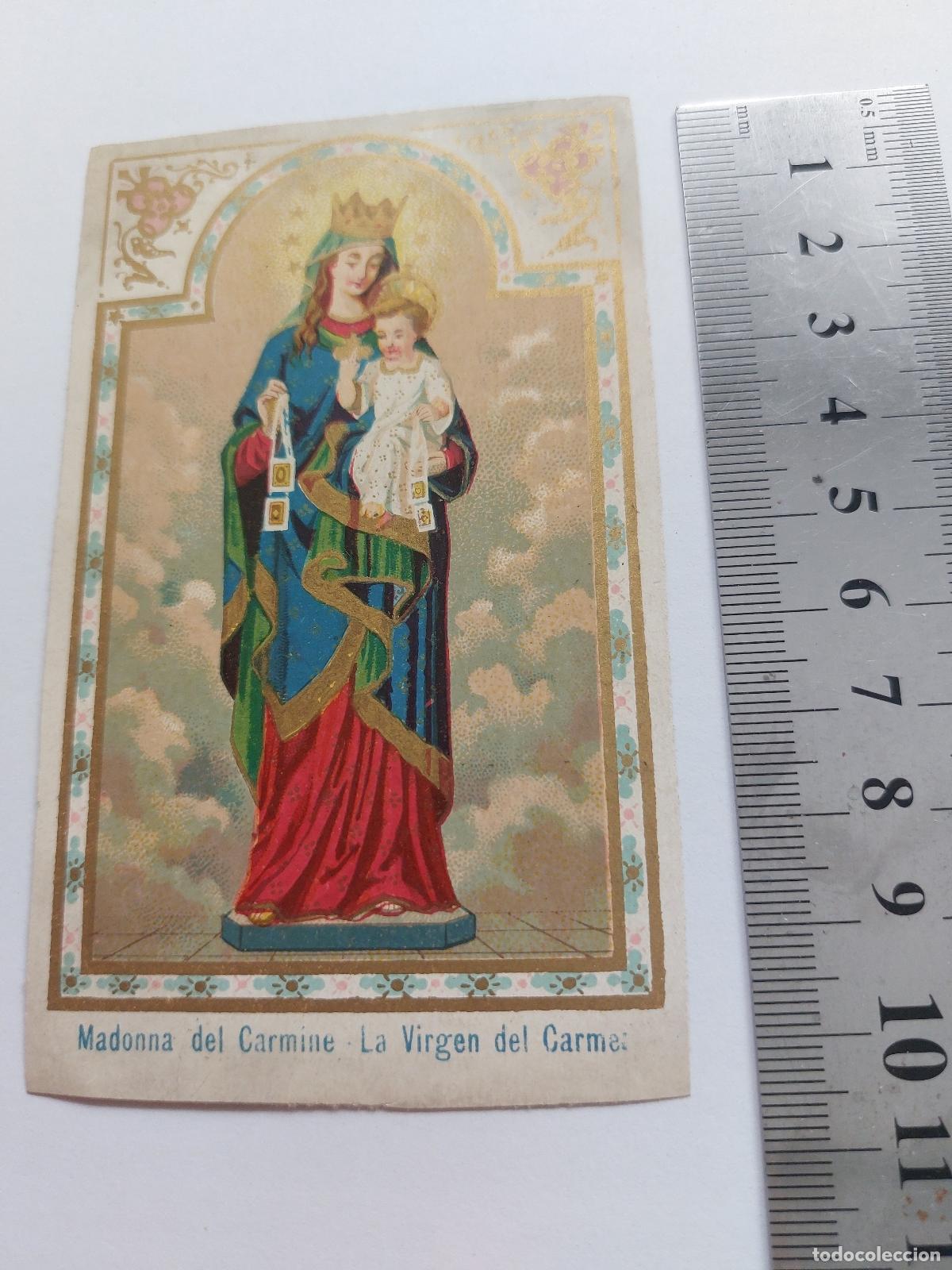 Postales: Estampa de la Virgen del Carmen con publicidad de imprenta antigua