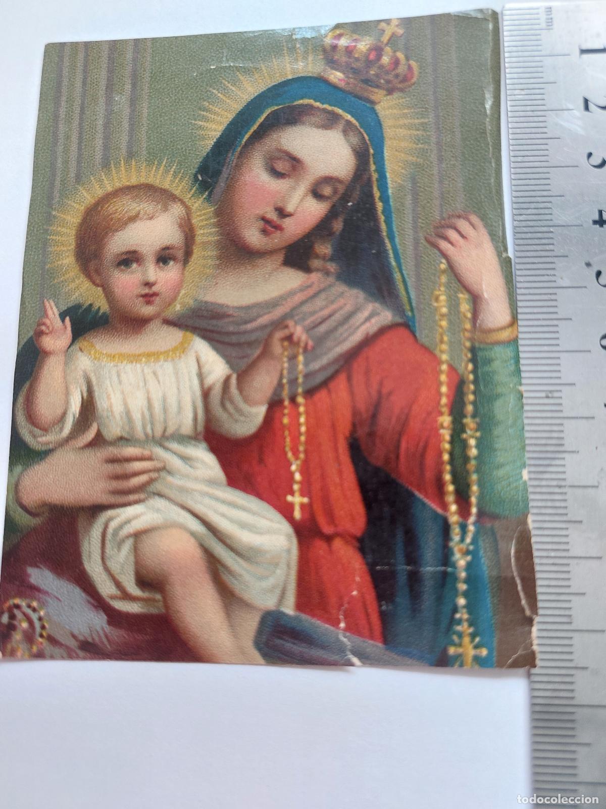 Postales: Estampa con imagen de la Virgen Mar&iacute;a y el Ni&ntilde;o Jes&uacute;s con rosario