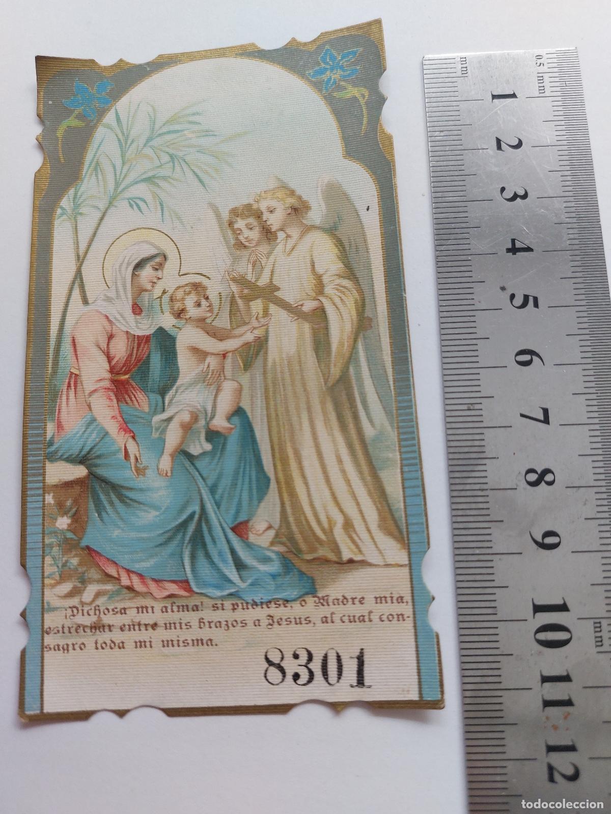 Postales: Estampa religiosa con imagen de la Virgen Mar&iacute;a, el Ni&ntilde;o Jes&uacute;s y un &aacute;ngel