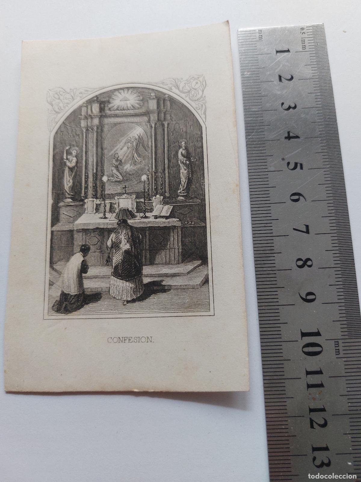 Postales: Estampa con ilustraci&oacute;n grabada del sacramento de la confesi&oacute;n en el altar