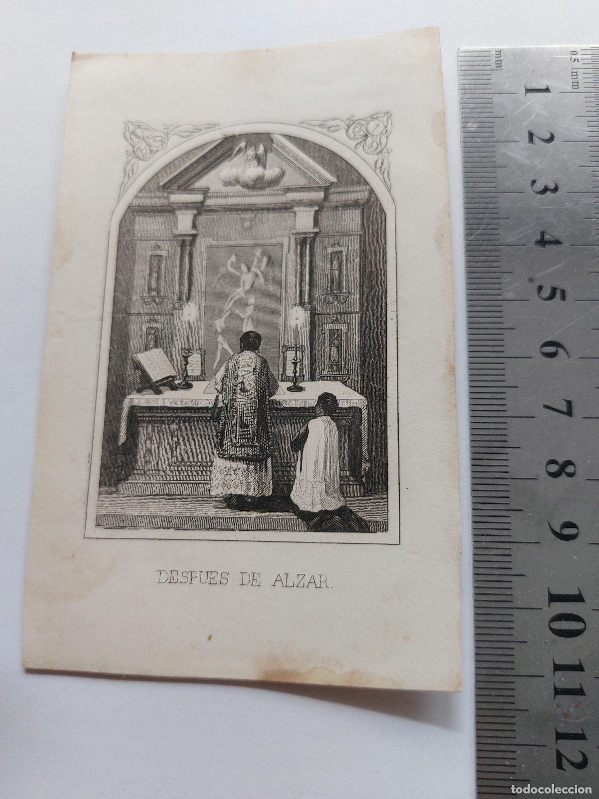 Postales: Estampa antigua de misa cat&oacute;lica con grabado de sacerdote