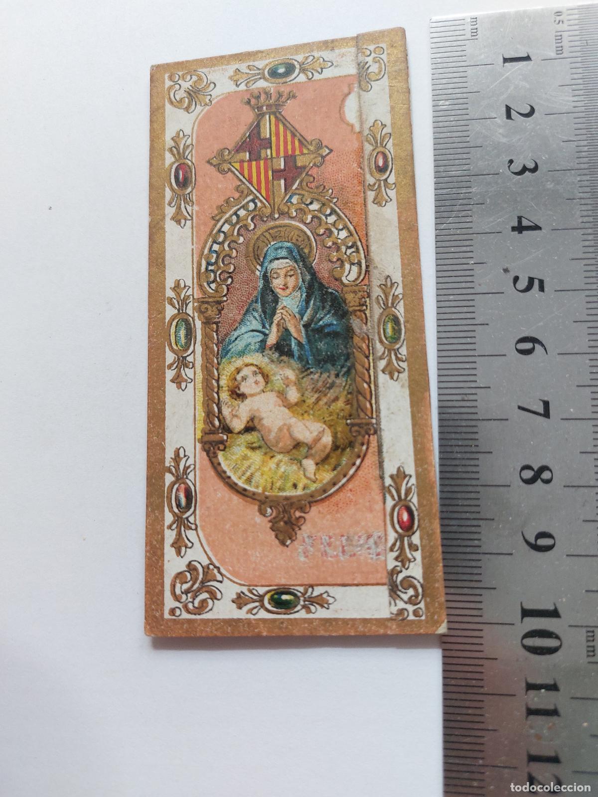 Cartoline: Estampa antigua de la Virgen Mar&iacute;a con el Ni&ntilde;o Jes&uacute;s y escudo de Catalu&ntilde;a