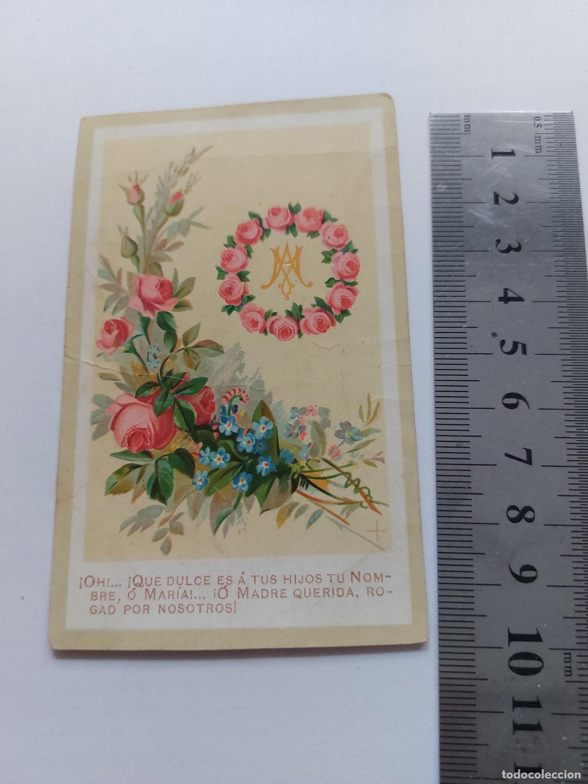 Cartoline: Estampa religiosa devocional con flores y mensaje a la Virgen Mar&iacute;a